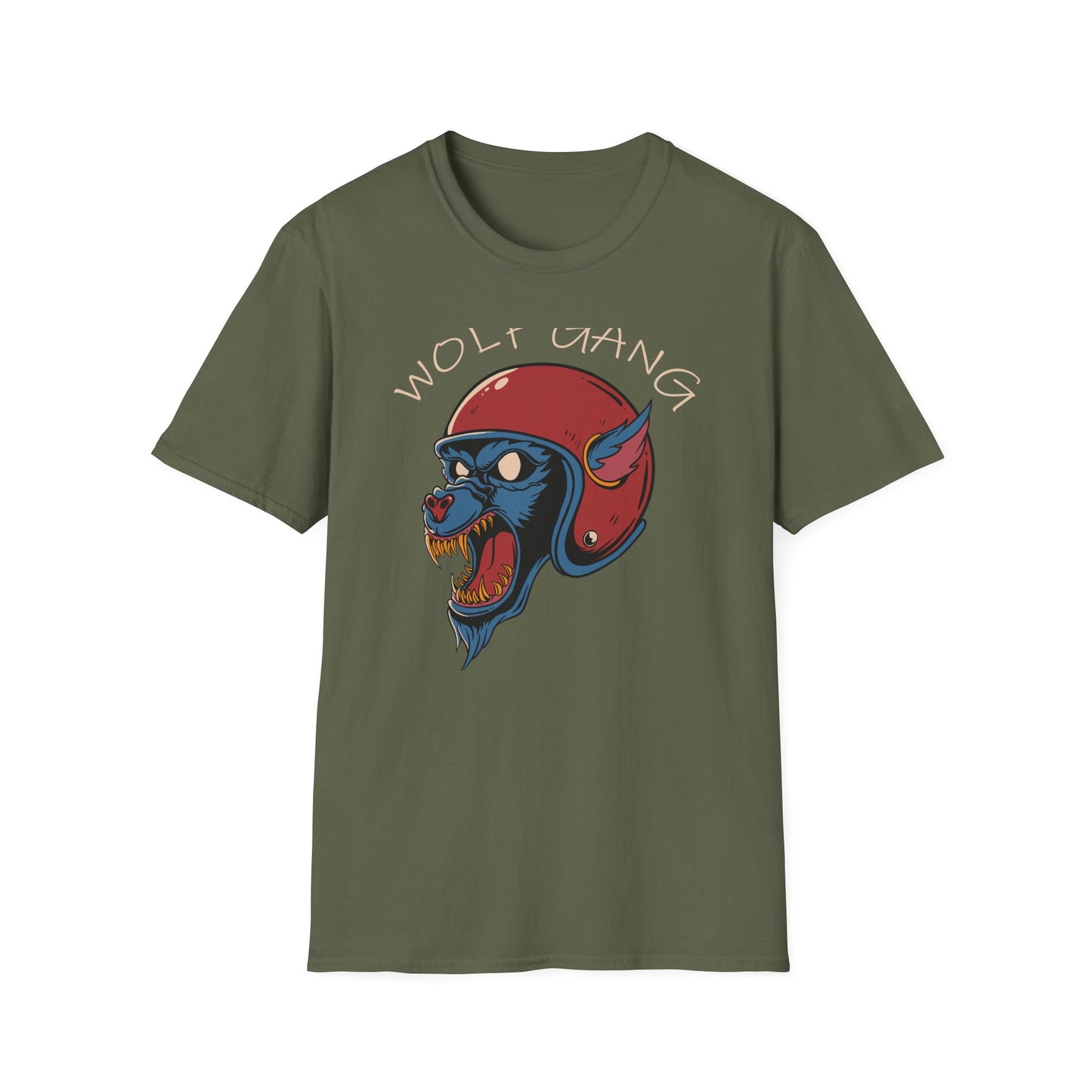 Fierce Wolf Gang T-Shirt | Aggressive Werewolf Biker Head in Retro Helmet Tee | Unleash Your Wild Spirit