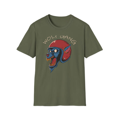 Fierce Wolf Gang T-Shirt | Aggressive Werewolf Biker Head in Retro Helmet Tee | Unleash Your Wild Spirit