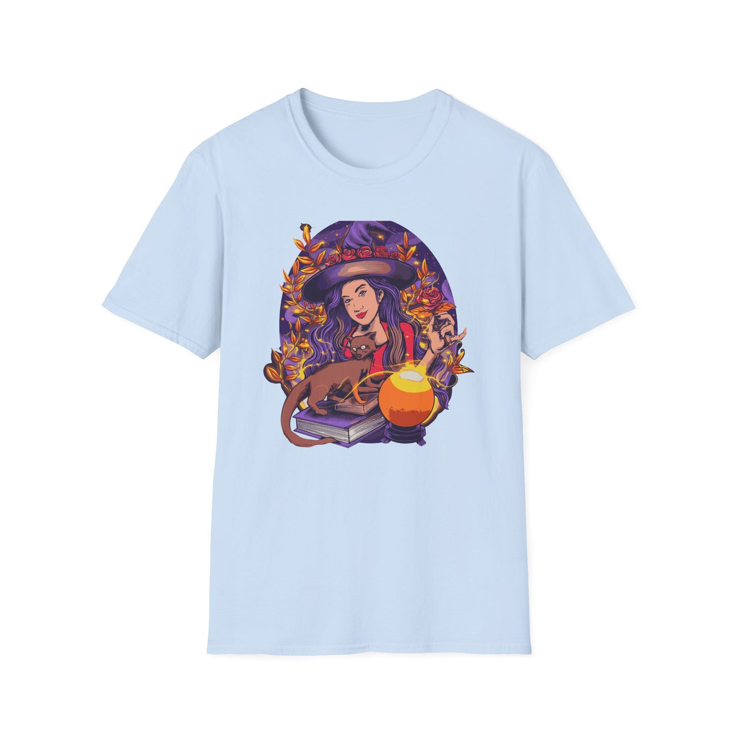 Enchanting Mystical Witch T-Shirt | Women's Fantasy Magic Tee with Cat, Crystal Ball & Roses | Awesome Gift
