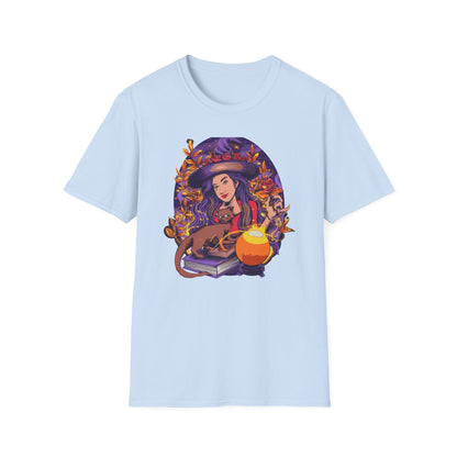 Enchanting Mystical Witch T-Shirt | Women's Fantasy Magic Tee with Cat, Crystal Ball & Roses | Awesome Gift