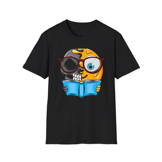 Clever Duality T-Shirt: Smart Skull & Emoji Bookworm Reader Tee for Unique Minds. Striking Graphic Top Gift.