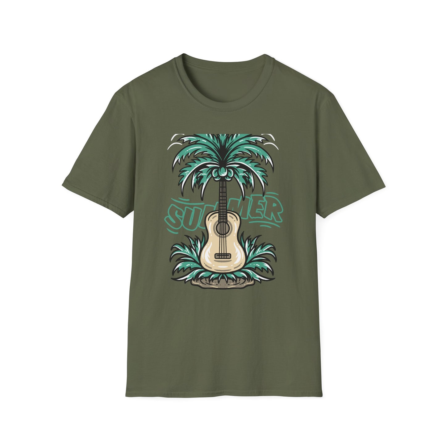 Vibrant Summer Guitar T-Shirt: Cool Palm Tree & Acoustic Beach Tee | Essential Music Lover Vacation Shirt