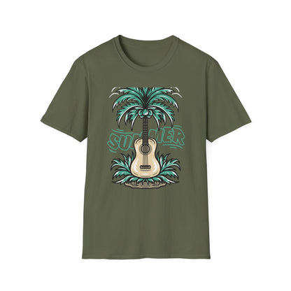 Vibrant Summer Guitar T-Shirt: Cool Palm Tree & Acoustic Beach Tee | Essential Music Lover Vacation Shirt