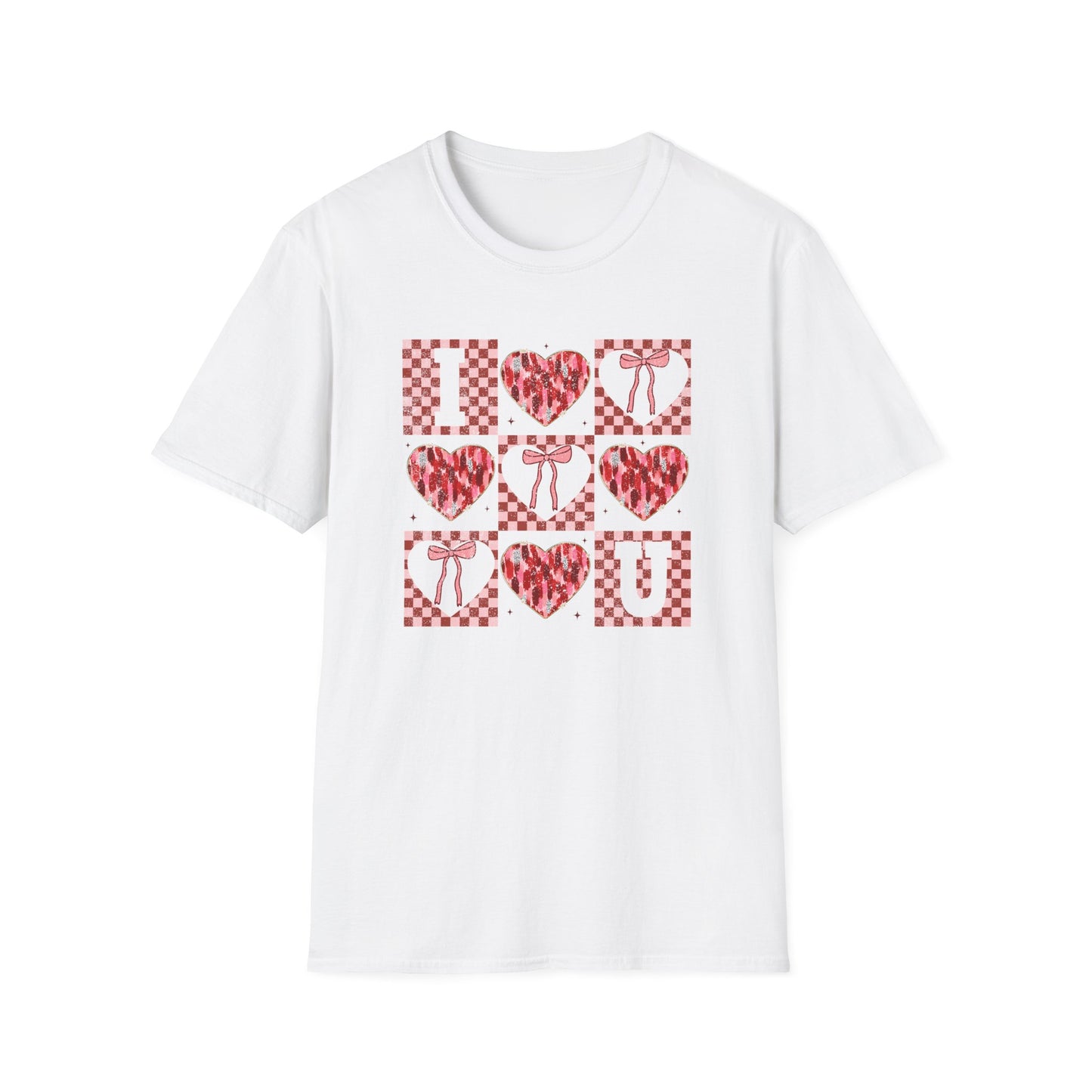 Chic "I Love You" Heart & Bow T-Shirt - Unique Distressed Checkered Design for Valentine's Day & Romantic Gifts for Her