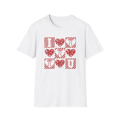 Chic "I Love You" Heart & Bow T-Shirt - Unique Distressed Checkered Design for Valentine's Day & Romantic Gifts for Her