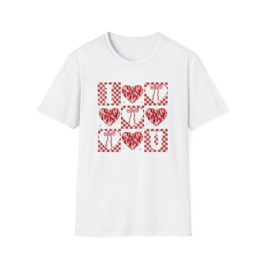 Chic "I Love You" Heart & Bow T-Shirt - Unique Distressed Checkered Design for Valentine's Day & Romantic Gifts for Her