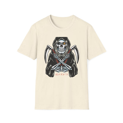 Epic Grim Reaper T-Shirt: Skull & Scythes Design. Bold Gothic Halloween Tee for Men & Women. Unleash Your Inner Darkness!