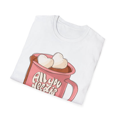 Sweet "All You Need Is Love" T-Shirt | Retro Hot Chocolate Mug with Heart Marshmallows | Adorable Valentine's Day & Cozy Love Tee