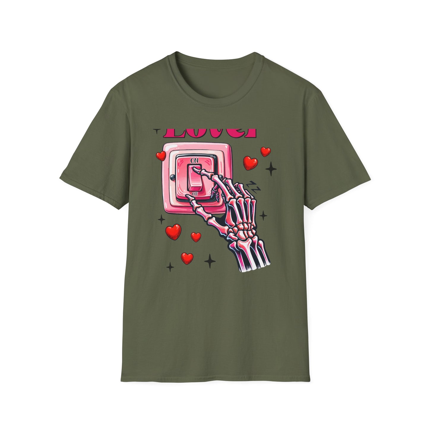 Unique Lover T-Shirt | Edgy Skeleton Hand & Love Switch Graphic Tee | Romantic Valentine's Day Statement Gift