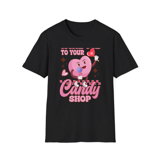 Sweet & Groovy 'Take Me To Your Candy Shop' T-Shirt | Adorable Retro Heart Lollipop Tee | Perfect Valentine's Day Gift for Candy Lovers
