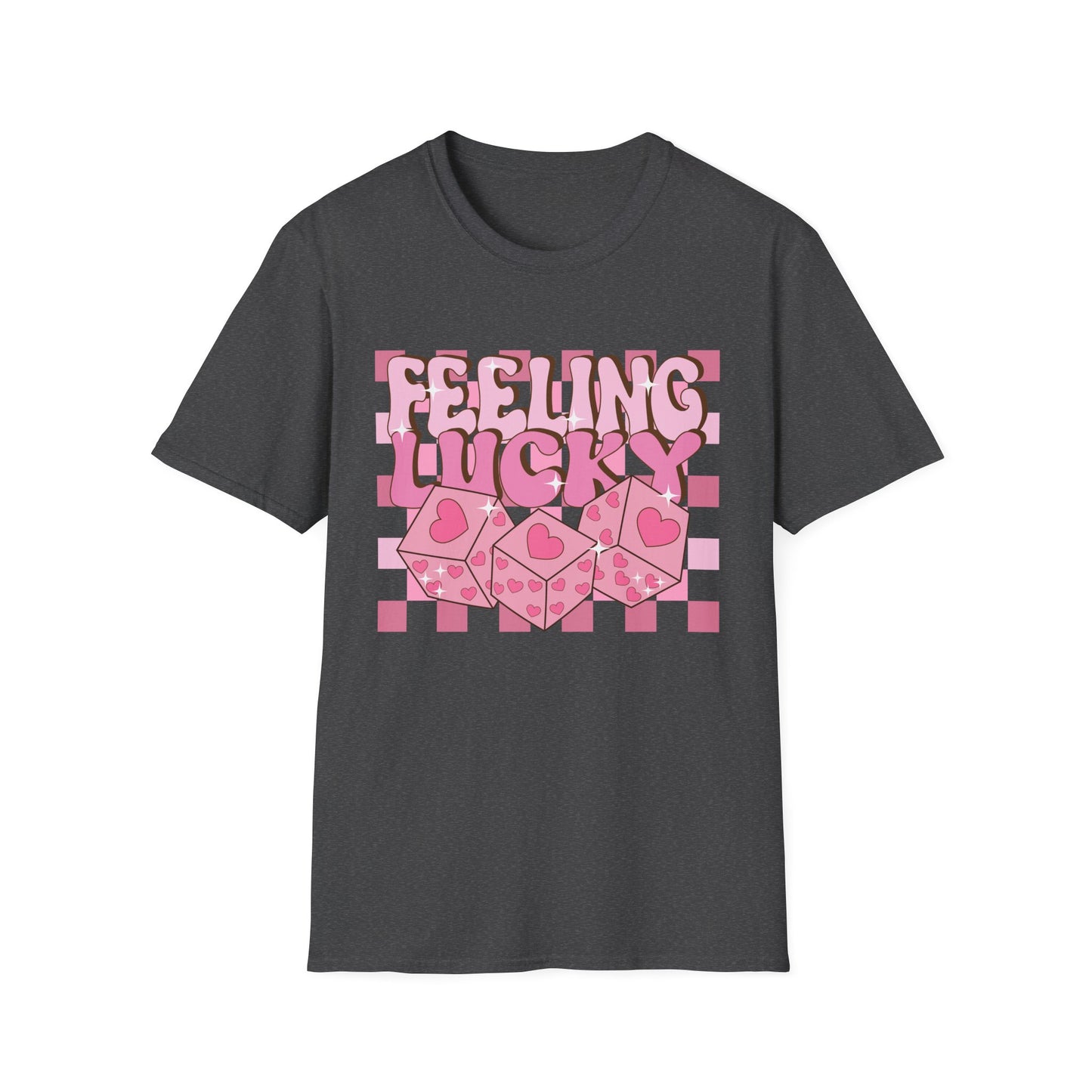 Feeling Lucky Groovy T-Shirt | Pink Heart Dice Retro Aesthetic Tee | Trendy Y2K Cute Sparkling Top for Women & Teens
