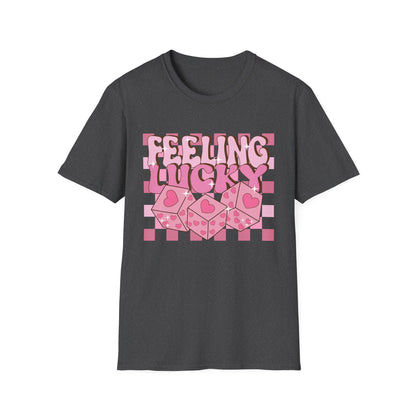Feeling Lucky Groovy T-Shirt | Pink Heart Dice Retro Aesthetic Tee | Trendy Y2K Cute Sparkling Top for Women & Teens