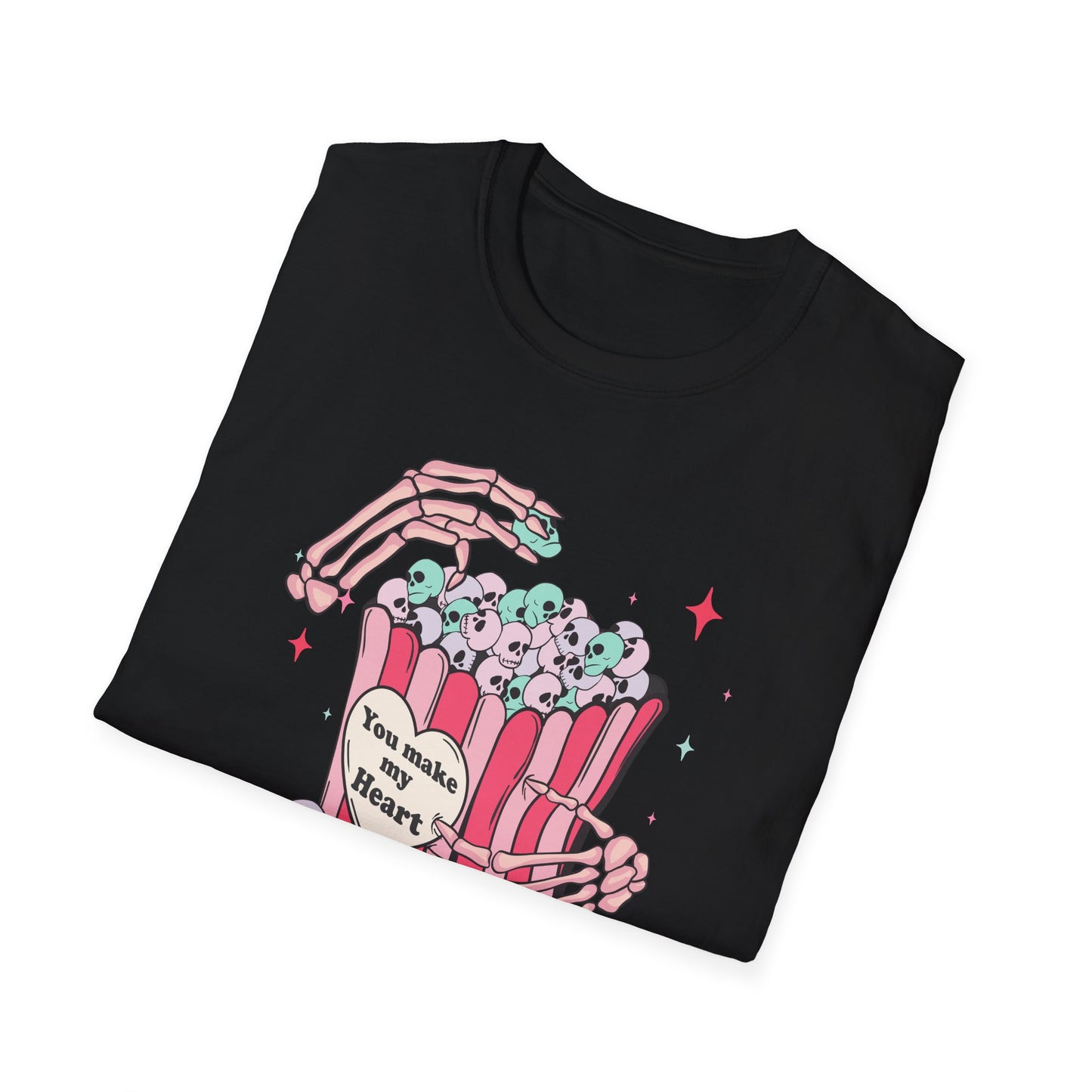 Spooky-Cute 'You Make My Heart' Skull Popcorn T-Shirt - Pastel Goth Love Tee Gift