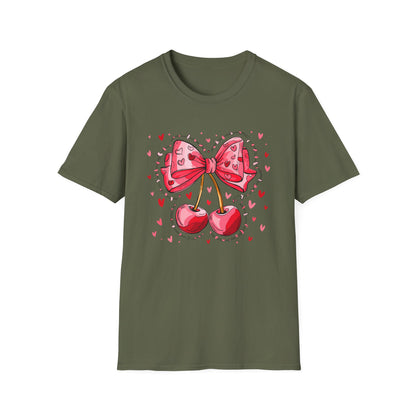 Sweet Cherries & Heart Bow T-Shirt | Adorable Pink Love Design Tee for Women - Perfect Gift