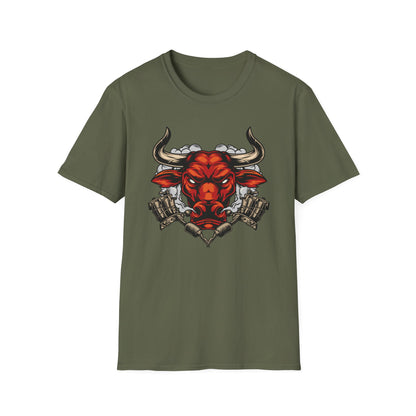 Fierce Red Bull Tattoo Machine T-Shirt | Bold Ink Art Graphic Tee | Edgy & Powerful Apparel Gift