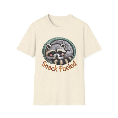 Adorable "Snack Fueled" Raccoon T-Shirt | Cozy Embroidered Look Tee | Ultimate Cute Animal & Snack Lover Gift!