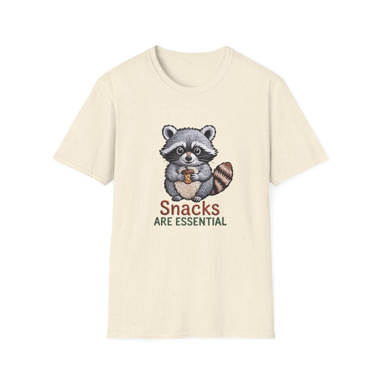 Hilarious "Snacks Are Essential" Raccoon T-Shirt | Adorable Animal Lover Tee | Ultimate Comfort & Style