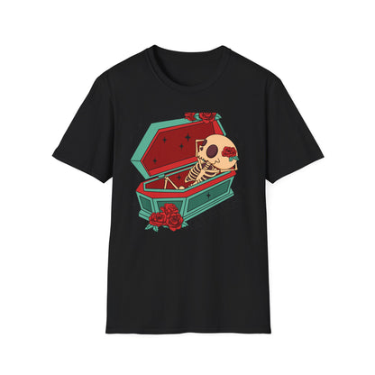 Chill Skeleton in Coffin T-Shirt | Unique Spooky Cute Goth Tee with Red Roses | Ultimate Alternative Style