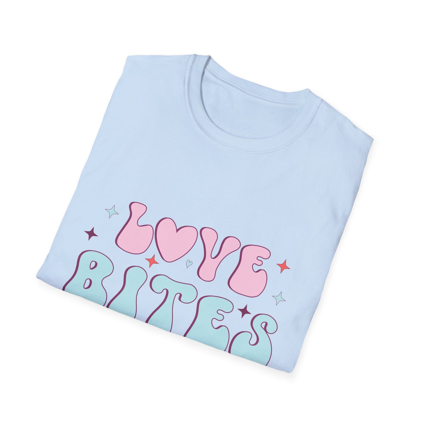 Trendy Love Bites T-Shirt | Groovy Retro Y2K Pink Blue Hearts & Stars Valentine's Day Tee | Adorable Aesthetic Top