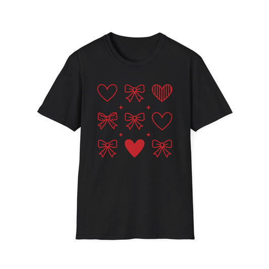 Charming Red Hearts & Bows Pattern T-Shirt | Adorable Love Core Graphic Tee for Women & Teens | Sweet Valentine's Day Gift Idea