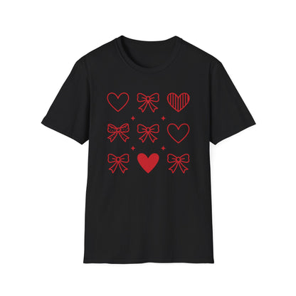 Adorable Red Hearts & Bows Pattern T-Shirt | Sweet Valentine's Day Love Graphic Tee for Women & Girls | Charming Romantic Gift