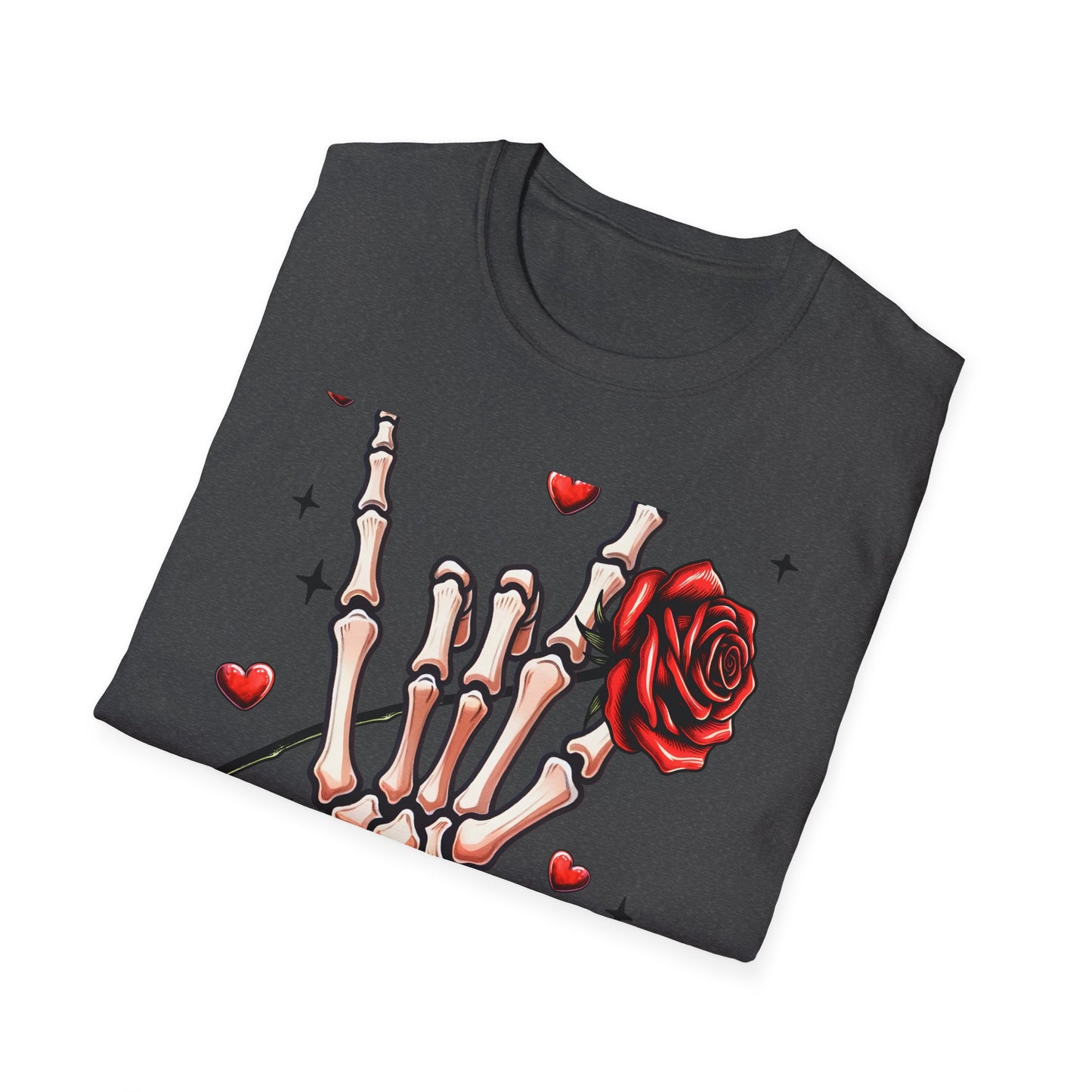 Unleash Your Dark Romance: 'Loved to Dead' Skeleton Rock Hand Rose T-Shirt | Edgy Gothic Valentine's Gift