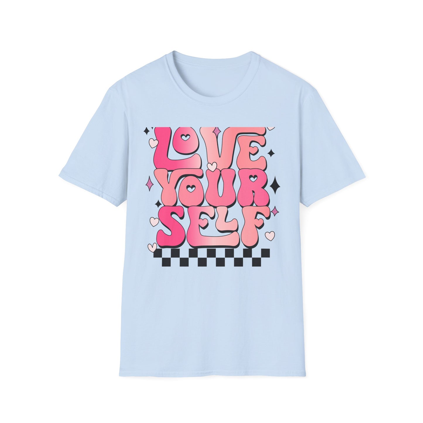 Groovy "Love Yourself" T-Shirt | Pink Retro Self-Love Tee with Hearts & Sparkles | Empowering & Chic Women's Affirmation Top