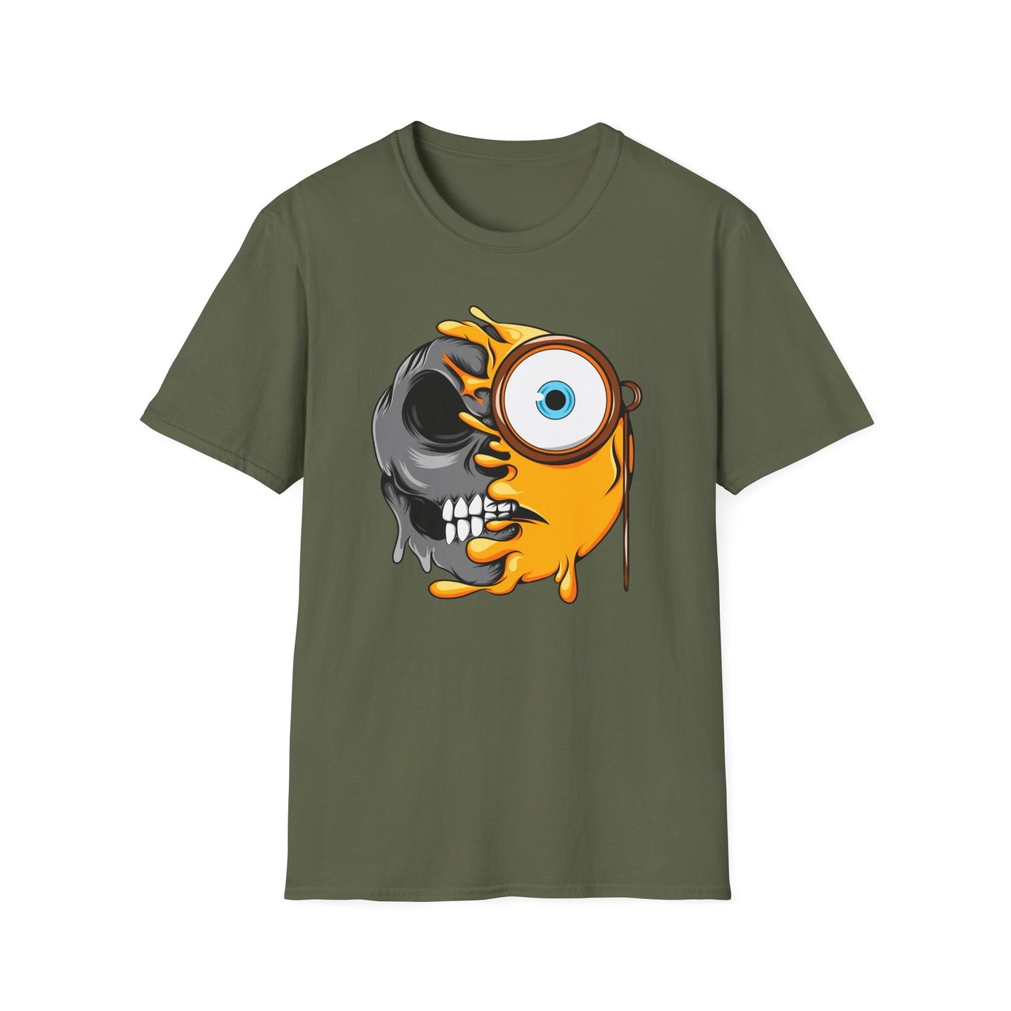 Edgy Half Skull Half Emoji T-Shirt | Unique Melting Monocle Face Tee | Awesome Duality Art for Bold Style