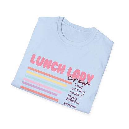 Awesome Lunch Lady Crew T-Shirt - Retro Pastel Stripes & Heartfelt Qualities - Unique School Cafeteria Staff Appreciation Tee