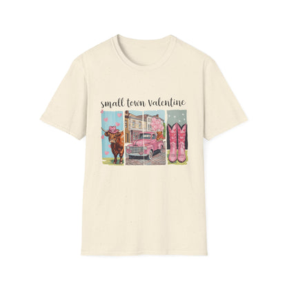 Charming Small Town Valentine T-Shirt | Cute Highland Cow, Pink Truck & Cowboy Boots | Adorable Romantic Gift for Her