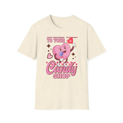 Sweet & Groovy 'Take Me To Your Candy Shop' T-Shirt | Adorable Retro Heart Lollipop Tee | Perfect Valentine's Day Gift for Candy Lovers