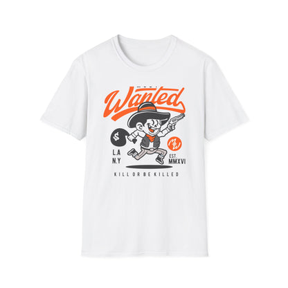 Most Wanted Urban Outlaw T-Shirt | Edgy Rebel Streetwear Tee with Cowboy, Gun & Money Bag Design. Unstoppable Style!