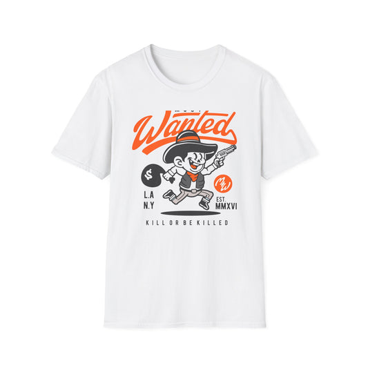 Most Wanted Urban Outlaw T-Shirt | Edgy Rebel Streetwear Tee with Cowboy, Gun & Money Bag Design. Unstoppable Style!