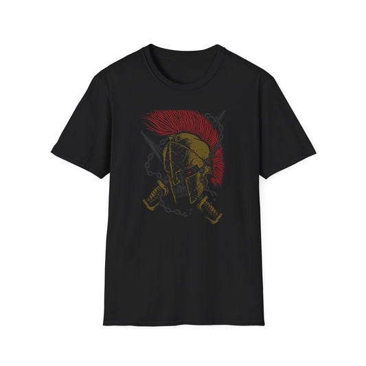 Epic Spartan Skull Helmet T-Shirt - Fearless Warrior Design with Swords & Chains for Men