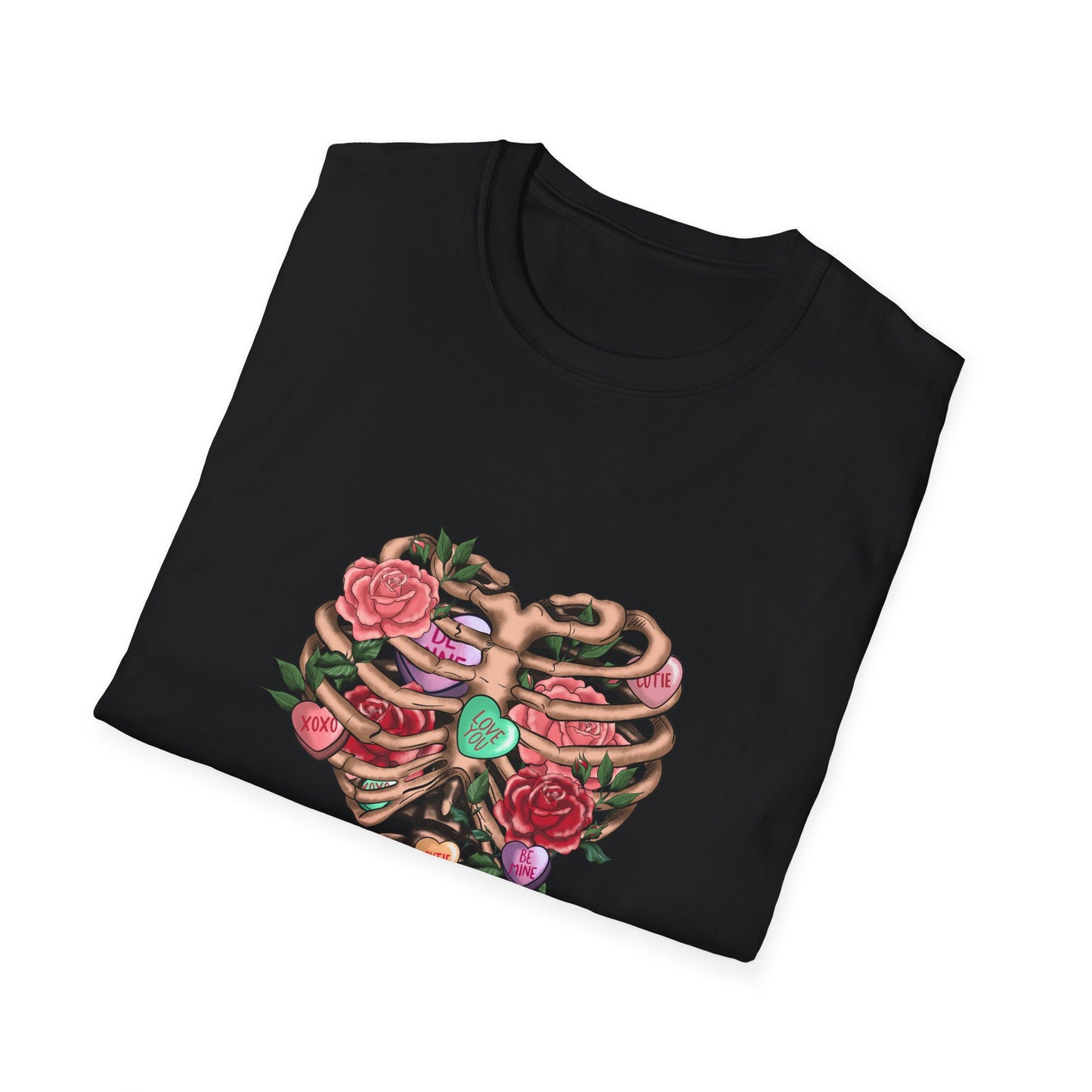 Captivating Anatomical Love Rib Cage T-Shirt - Edgy Floral Valentine's Day Conversation Hearts Tee for Unique Romance