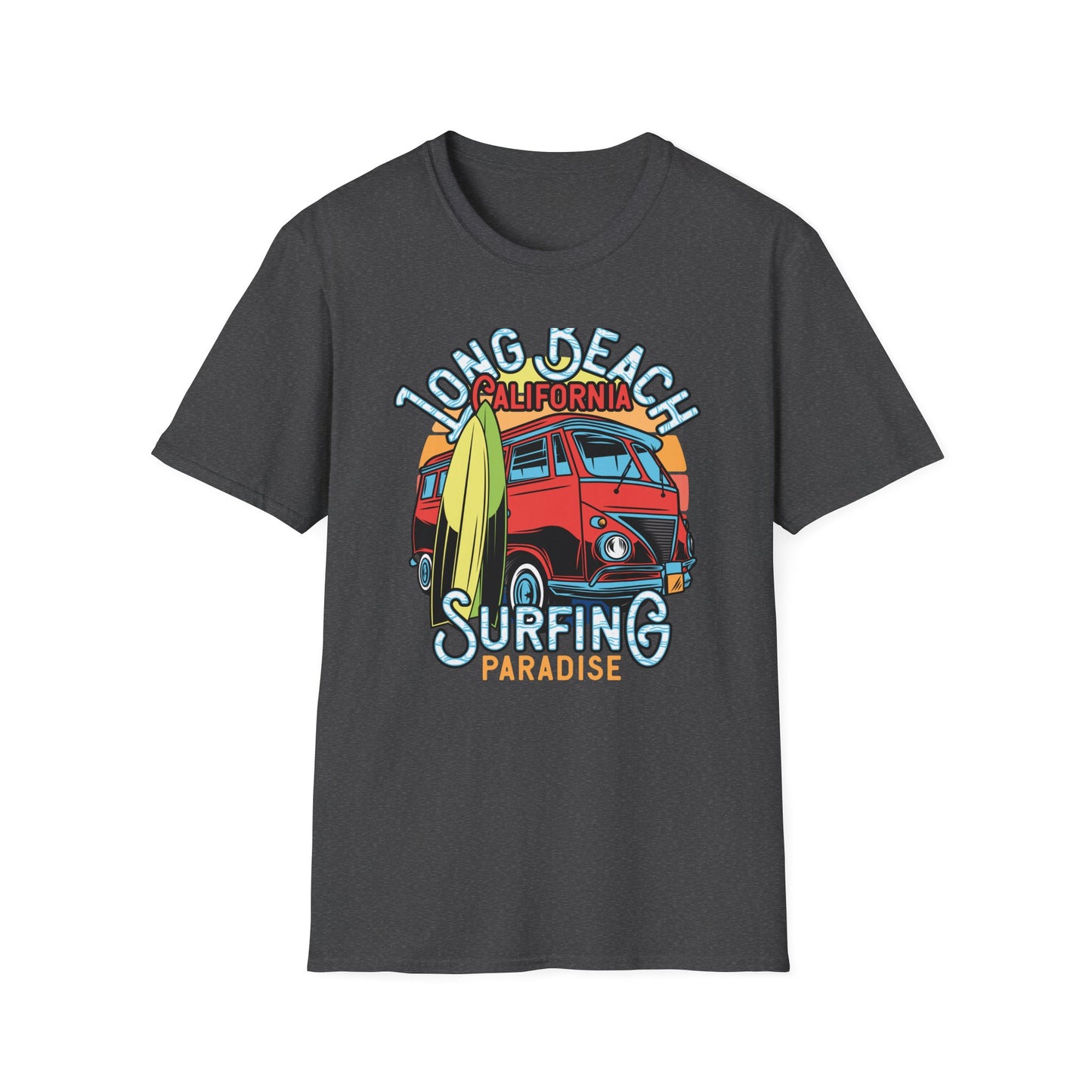 Vintage Long Beach California Surfing Paradise T-Shirt | Retro VW Bus & Surfboard Beach Lover Tee | Cool Summer Vacation Gift