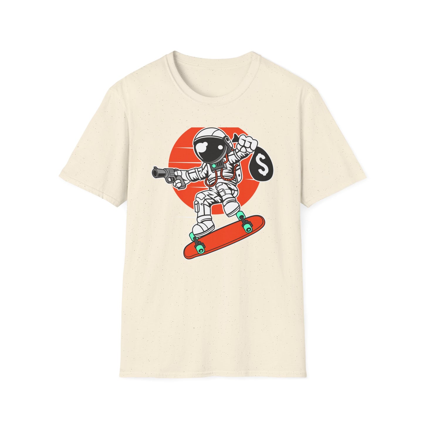 Epic Astronaut Skater T-Shirt: Cosmic Rebel with Cash & Gun | Unique Streetwear Space Outlaw Graphic Tee