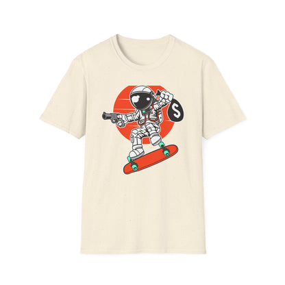 Epic Astronaut Skater T-Shirt: Cosmic Rebel with Cash & Gun | Unique Streetwear Space Outlaw Graphic Tee