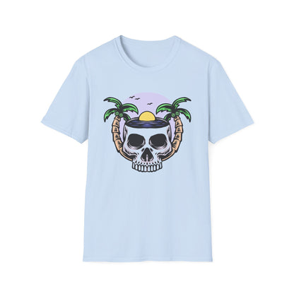 Vibrant Tropical Skull T-Shirt | Beach Sunset & Palm Tree Design | Unique Summer Vacation Tee | Cool Edgy Casual Wear