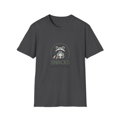 Cute Raccoon "Snacks Over Stress" T-Shirt | Hilarious Anti-Stress Foodie Tee for Ultimate Comfort & Joy