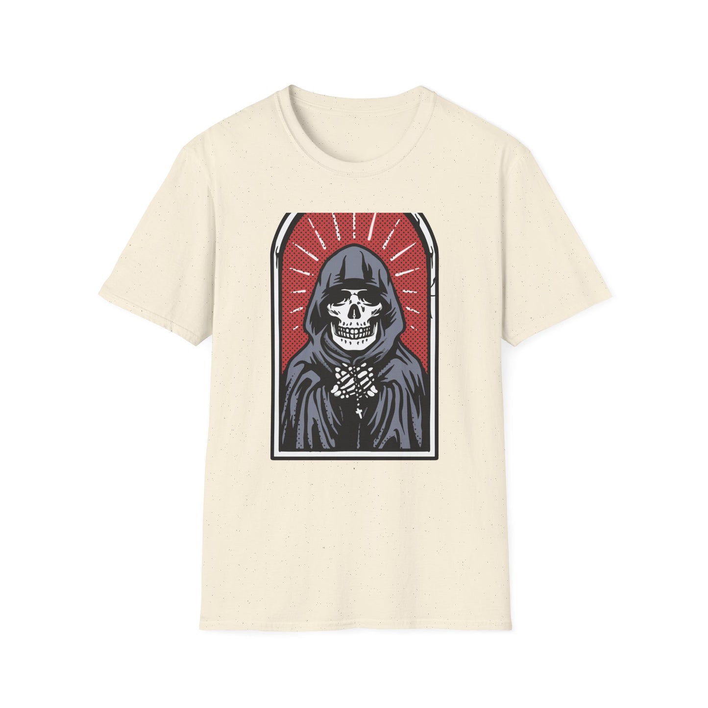Bold Pop Art Skeleton T-Shirt: Hooded Grim Reaper with Rosary - Unique Gothic Alt Style Tee