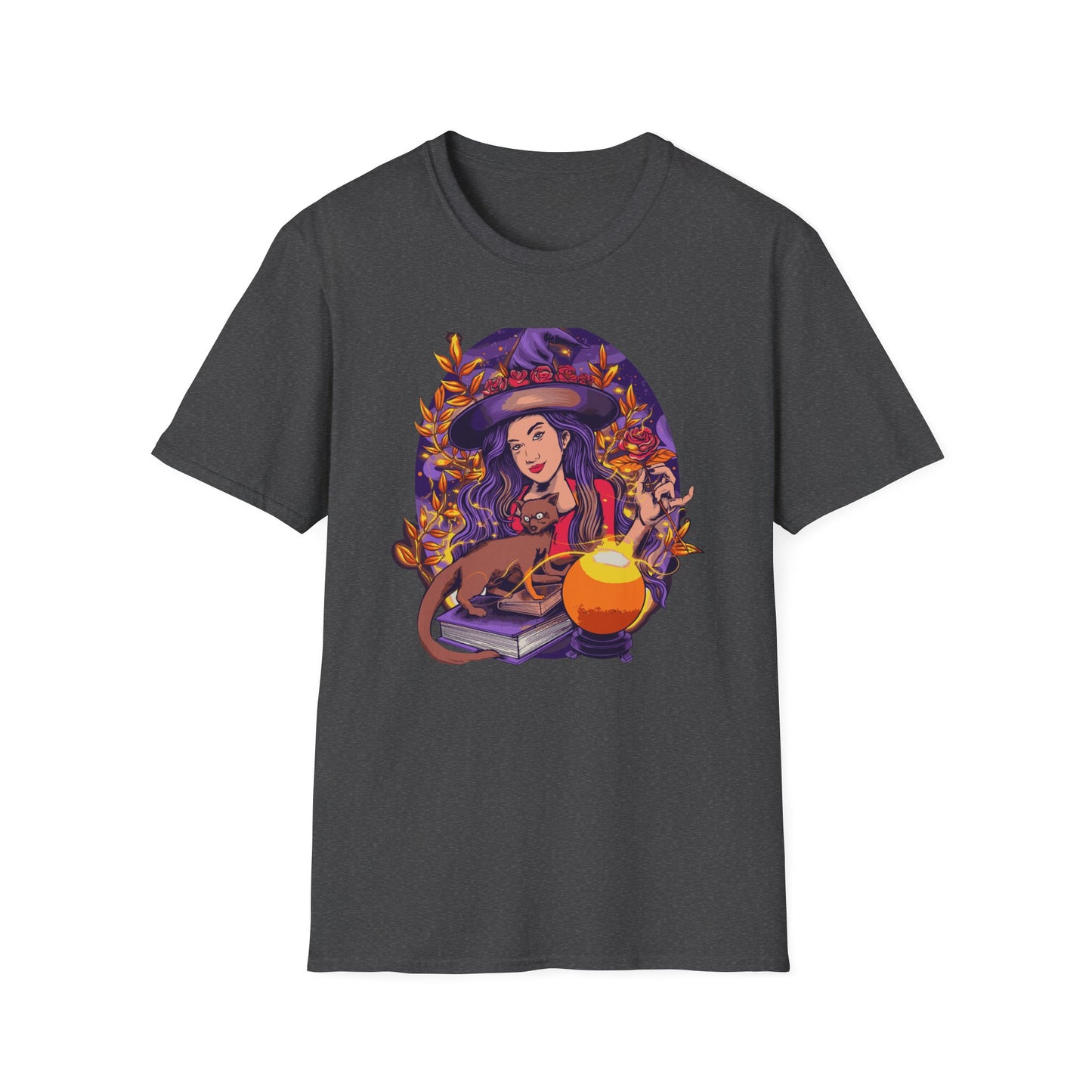 Enchanting Mystical Witch T-Shirt | Women's Fantasy Magic Tee with Cat, Crystal Ball & Roses | Awesome Gift