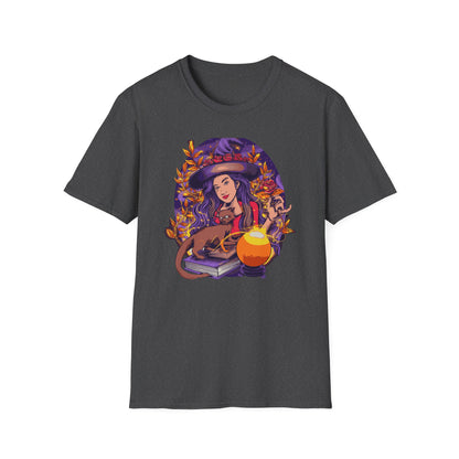 Enchanting Mystical Witch T-Shirt | Women's Fantasy Magic Tee with Cat, Crystal Ball & Roses | Awesome Gift