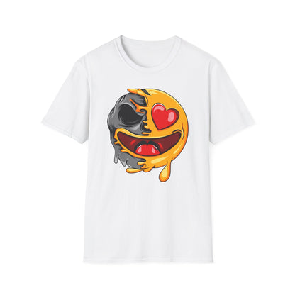 Melting Love Skull Emoji T-Shirt | Edgy Heart Eye Graphic Tee - Unique Streetwear & Dark Humor Apparel