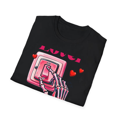 Unique Lover T-Shirt | Edgy Skeleton Hand & Love Switch Graphic Tee | Romantic Valentine's Day Statement Gift
