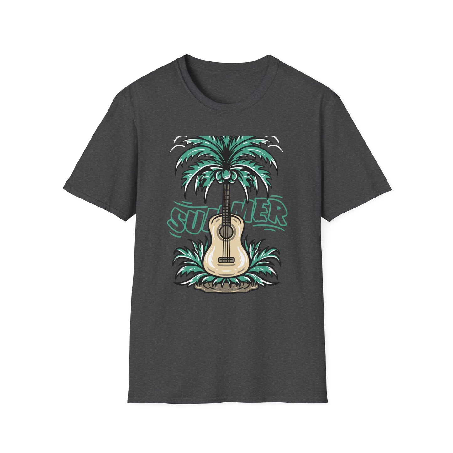 Vibrant Summer Guitar T-Shirt: Cool Palm Tree & Acoustic Beach Tee | Essential Music Lover Vacation Shirt