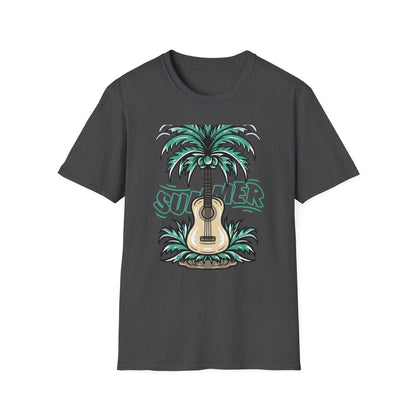 Vibrant Summer Guitar T-Shirt: Cool Palm Tree & Acoustic Beach Tee | Essential Music Lover Vacation Shirt