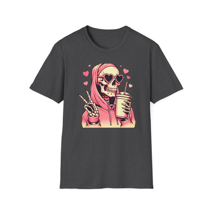 Trendy Pink Skeleton T-Shirt: Chill Vibes, Heart Sunglasses & Peace Sign Tee – Spooky Cute Aesthetic for Women & Teens