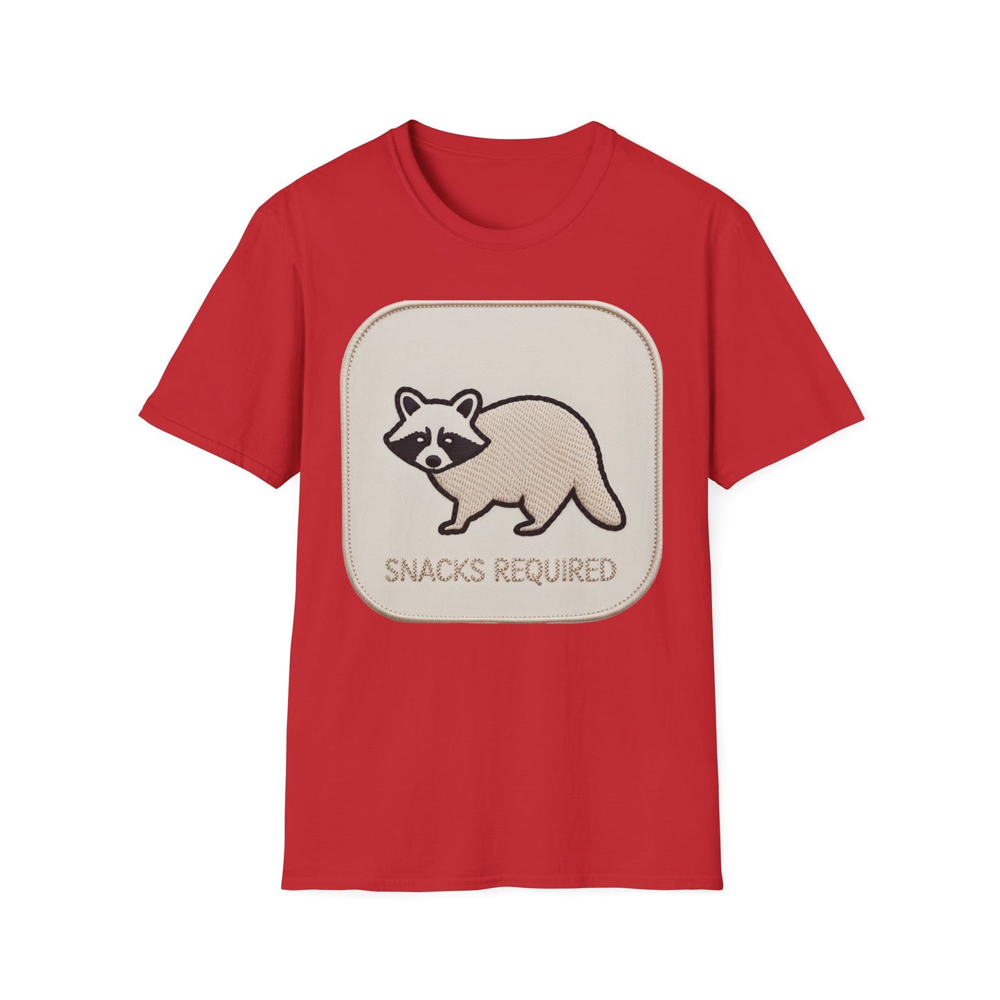 Hilarious Raccoon "Snacks Required" T-Shirt | Cute Embroidered Look Animal Lover & Foodie Gift | Unique Soft Tee