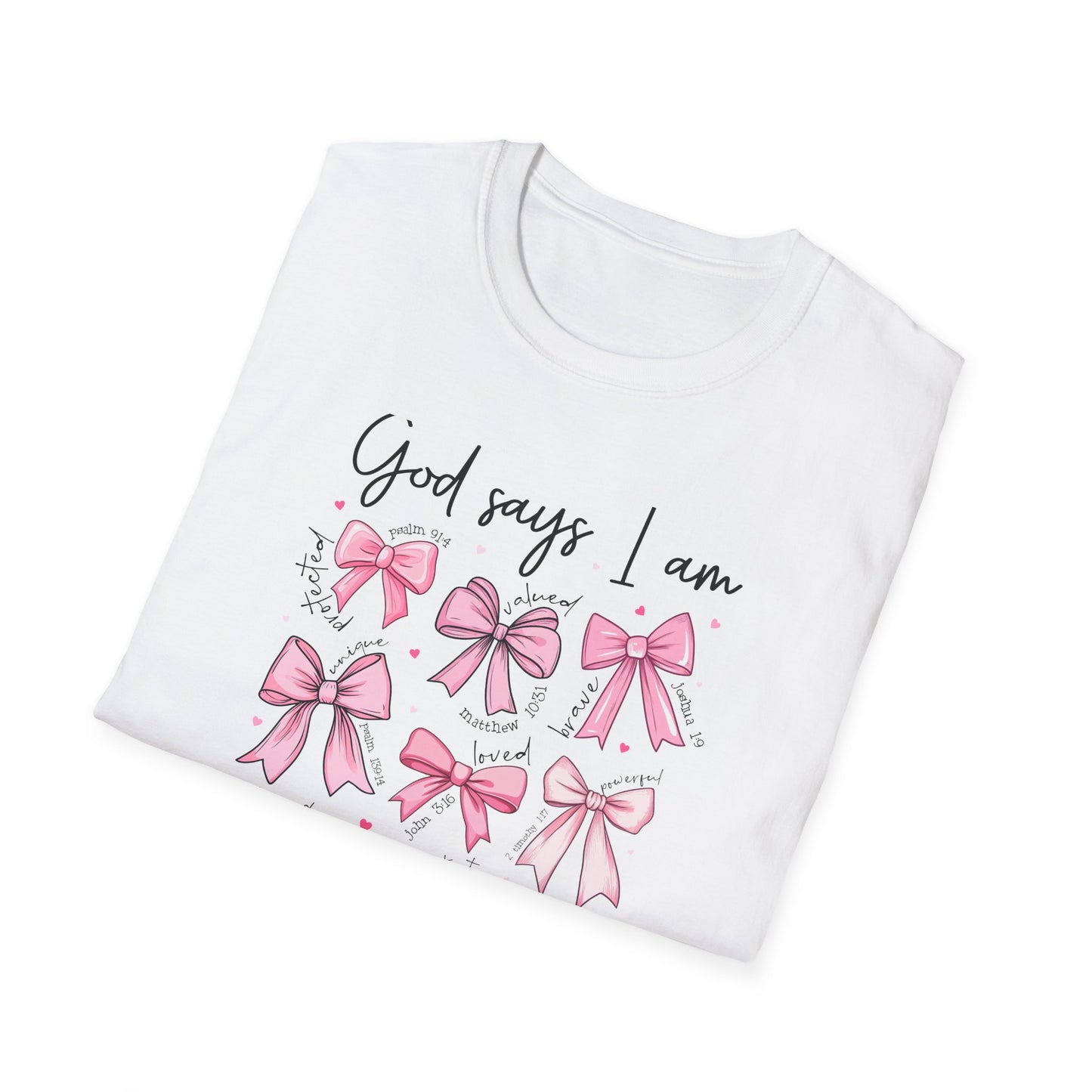 Empowering God Says I Am T-Shirt | Christian Affirmation Pink Bow Tee | Inspiring Bible Verse Faith Apparel for Women & Girls
